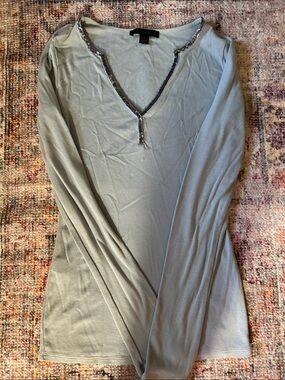 Express Light Sage Long Sleeve V-Neck Top with Sequin Trim